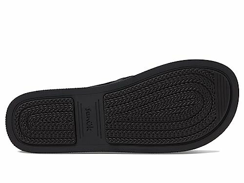 Bottom view of a black sandal sole with textured pattern