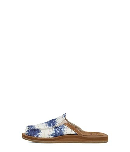 Blue and white plaid slip-on sandal with brown sole