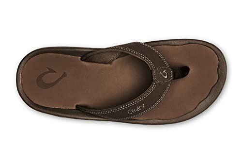 Brown leather flip-flop with logo on strap