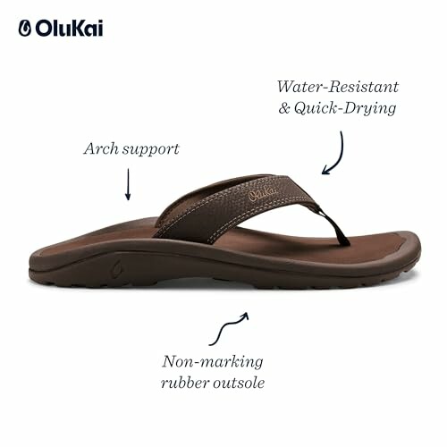 Brown sandal with arch support, water-resistant, quick-drying, non-marking rubber outsole.