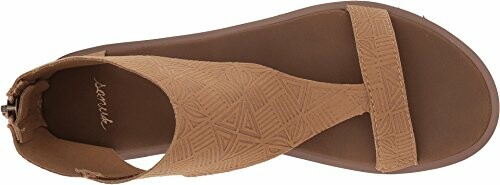 Brown sandal with geometric pattern, top view