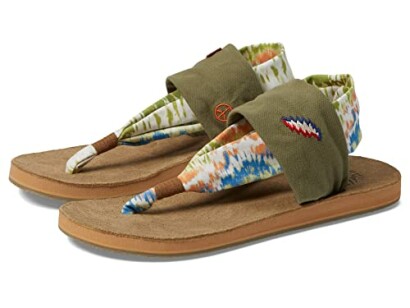 Colorful canvas sandals with a flat sole and patterned straps.