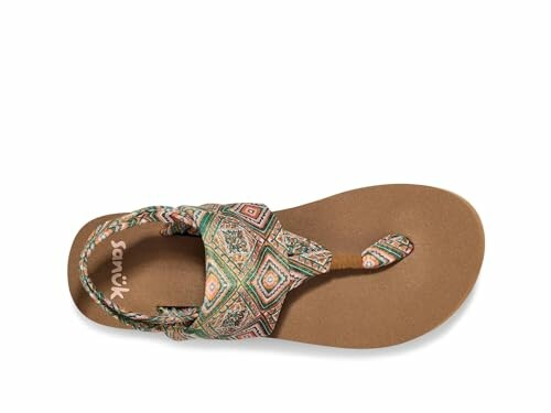 Top view of a colorful sandal with geometric patterns.