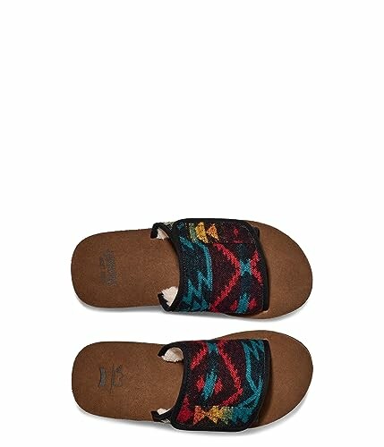 Colorful slip-on sandals with patterned straps