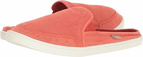 Red canvas slip-on slippers with white soles.