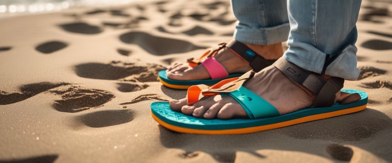 Close-up of Sanuk sandals in a sandy environment