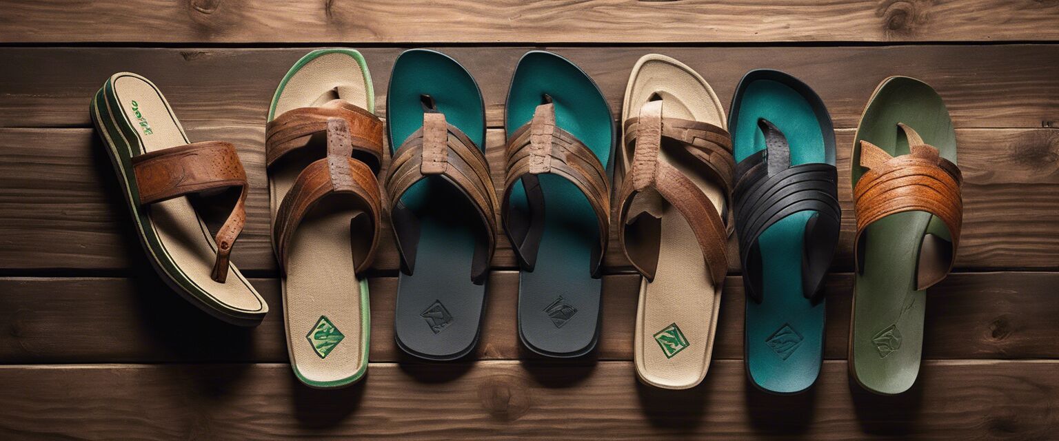 Various styles of Sanuk sandals on a rustic wooden background