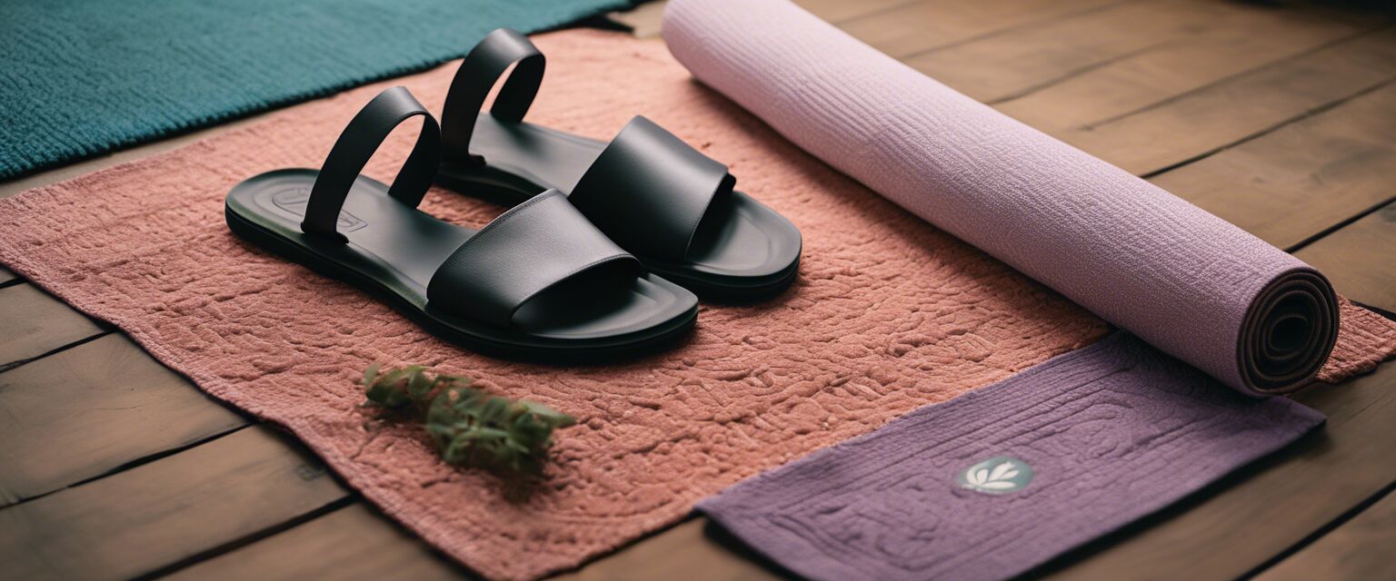 Sanuk sandals next to yoga mat